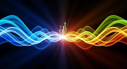 Abstract image of wavy lines converging with upward pointing arrows