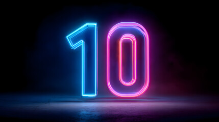 Vibrant neon number 10 glows brightly in a dark, modern studio, symbolizing success and celebration