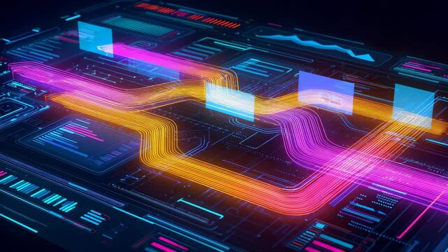 Modern abstract digital dashboard interface with glowing lines and graphs representing data analytics, processing, and real-time information technology visualization. - Powered by Adobe