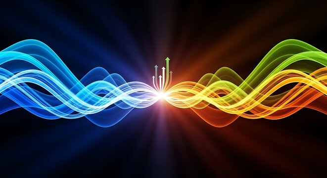 Abstract image of wavy lines converging with upward pointing arrows