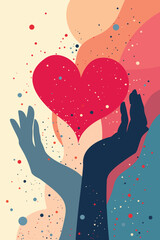 Abstract illustration of hands holding a heart, symbolizing love, care, compassion, and connection. Modern colorful artwork representing kindness and emotional warmth.