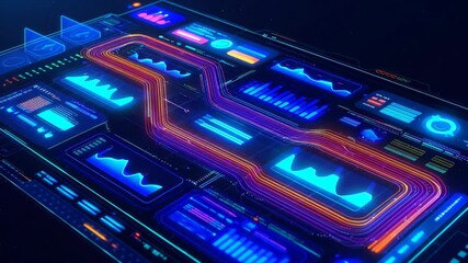 High-tech digital dashboard screen with colorful neon charts, graphs, and data visualizations. Modern user interface concept for analytics, technology, and big data solutions. - Powered by Adobe