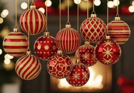 Festive red and gold christmas ornaments hanging with bokeh lights