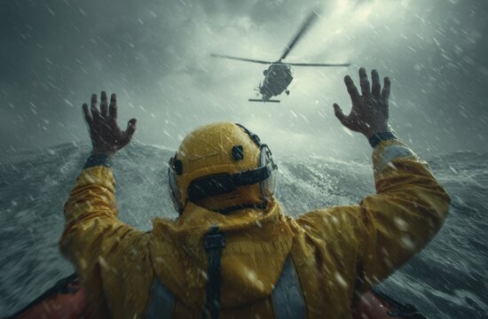 Rescue helicopter rescues a shipwrecked man in a stormy sea