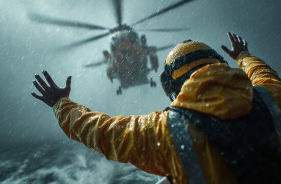 Rescue helicopter rescues a shipwrecked man in a stormy sea