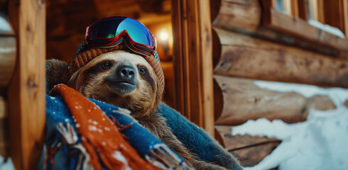 A sloth sitting inside a snowy ski cabin wrapped in warm blankets and wearing ski goggles. A humorous and cozy winter concept perfect for lifestyle campaigns and social media content.