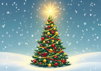 Obraz premium Decorated christmas tree outdoors in gentle snowfall