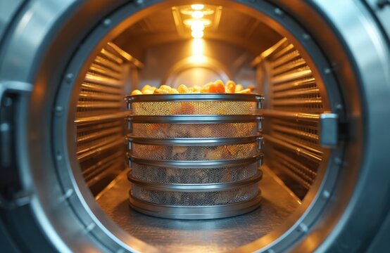 Stainless steel mesh baskets stack inside industrial autoclave. Food processing equipment uses steam, heat, and pressure for sterilization. Manufacturing machinery prepares food for distribution.