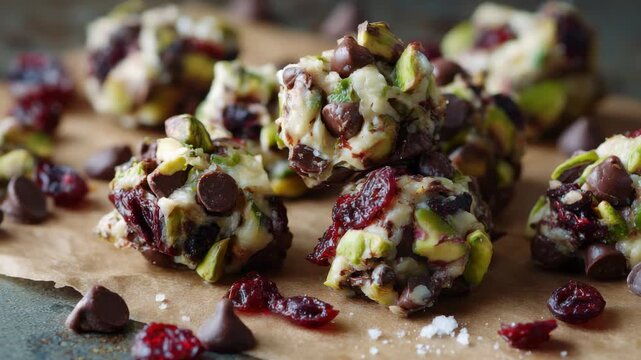 Healthy snack ideas with nutty clusters made from nuts, chocolate chips, and cranberries for quick energy
