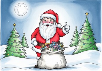 Santa claus with a sack of gifts and a thumbs up in a snowy forest