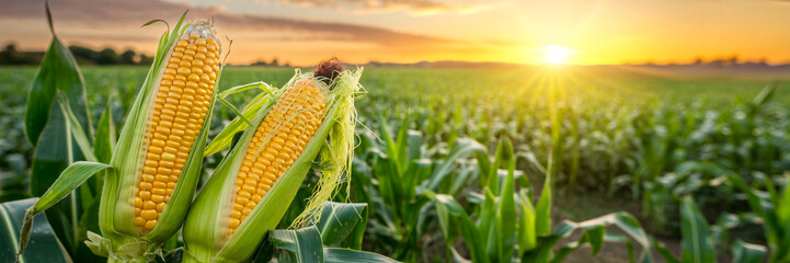 Fresh corn cobs at sunset in a golden cornfield, summer harvest and farming scene