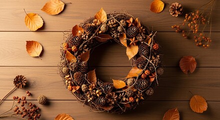 A rustic autumn wreath made of natural materials like twigs, pinecones, and dried leaves is centrally placed on a wooden plank surface.