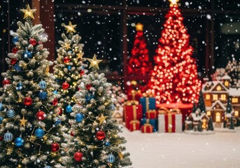 Festive christmas trees and gifts under falling snow