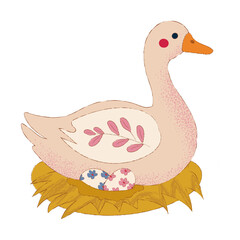 Cute illustration of a pastel goose sitting on a nest with floral patterned eggs, featuring a soft and whimsical design. Vector