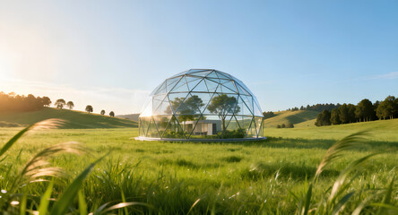 Fototapeta premium Sustainable Glass Dome Habitat in Morning Light