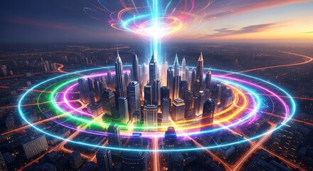 Cityscape with colorful glowing rings and beam of light at sunset