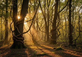 Golden light streams through misty forest trees, illuminating ancient roots and winding vines in a serene woodland scene.