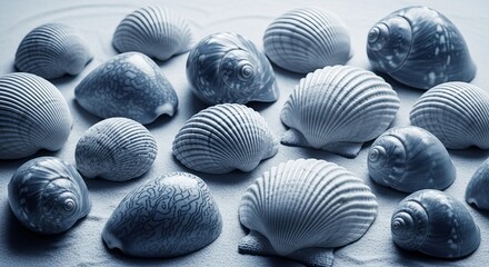 A collection of assorted seashells arranged on a bed of fine sand, rendered in a cool blue-toned monochrome.