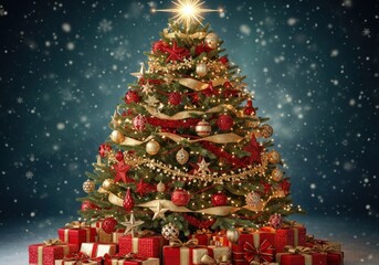 Beautifully decorated christmas tree surrounded by gifts under falling snow