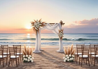 Romantic beach wedding ceremony setup at golden sunset with beautifully decorated arch, elegant chairs, and serene ocean view