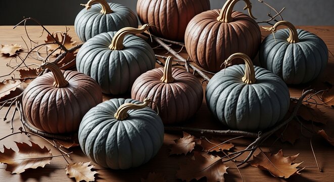 A still life arrangement of blue-grey and rust-colored pumpkins and dried oak leaves on a wooden surface.