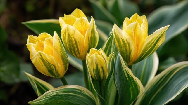 variegated leaves and yellow darwin hybrid tulips tulipa blossoming in a garden in early spring