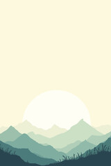 Minimalist landscape illustration of green mountains and sunrise behind peaks. Calm and serene nature artwork expressing peace, simplicity, and natural beauty.
