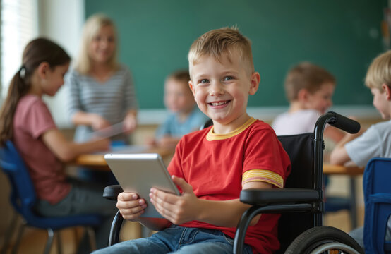 Young boy in wheelchair smiles holding tablet in classroom. Classmates and teacher in background learn together. Inclusive education, special needs kids feel happy.