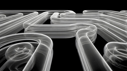 Abstract futuristic design with glowing transparent tubes on black background, perfect for technology, data, and digital concepts