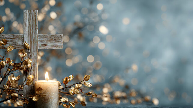 un fondo con una cruz de madera y una vela o cirio encendido con ramas doradas decorativas con luces efecto blur o bokeh con espacio de copia para dise&ntilde;o de tarjeta o invitacion de armonia