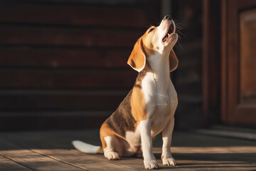 Beagle dog howling while sitting on wooden floor in warm sunlight near rustic house