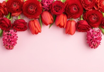Vibrant red and pink flowers arranged on a light pink background
