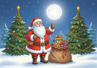 Santa claus with a sack of gifts under a full moon on christmas eve