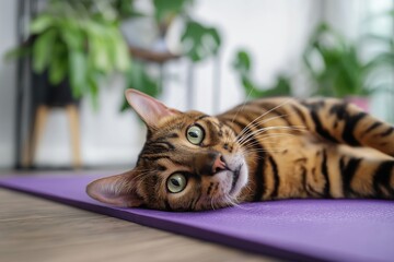 A Bengal cat with striking green eyes lies on a purple yoga mat in a cozy home