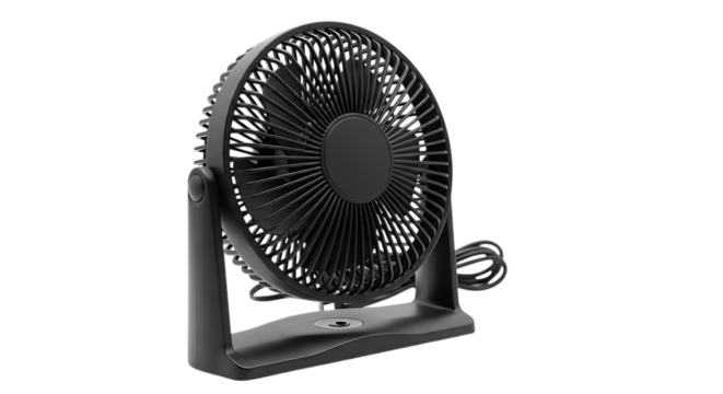 Black desk fan with cord isolated on a transparent background