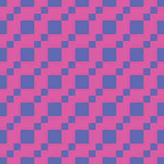 Pattern created from diagonal lines of small and large blue squares on a pink background