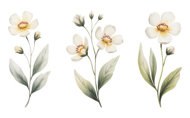 Watercolor wildflowers with green foliage. Botanical watercolor art of wild flowers.