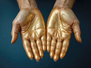 Hands with golden paint creating a striking visual contrast on a dark background