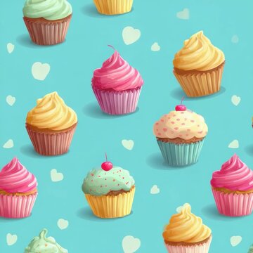 Colorful cupcake pattern with playful design on a light blue background showcasing various flavors and styles