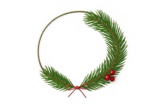Christmas fir branch wreath decorating golden hoop with red berries and bow, festive holiday design element