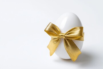 Minimal white Easter egg decorated with a shiny gold ribbon bow on clean background