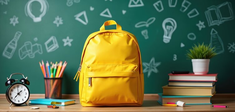 Yellow backpack on classroom desk with many essential school supplies. Stack of books colored pencils, alarm clock await student. Green chalkboard background with chalk doodles enhances learning