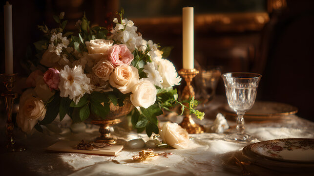 un centro de mesa de flores hermosas en colores pastel sobre una base brillante dorada con un candelabro a un lado sobre una mesa montada elegante para evento o celebracion 