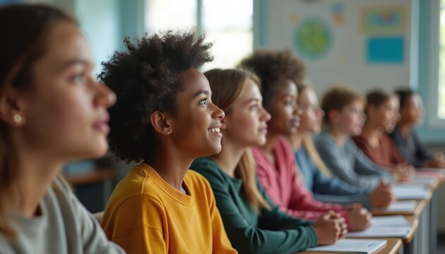 Diverse young students sit in bright modern classroom. Listen attentively to lesson, focusing on learning. Girls study, engage in education, absorb information. Teenagers show interest in school.