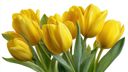 Obraz premium bright yellow tulips on a fresh green and isolated white background