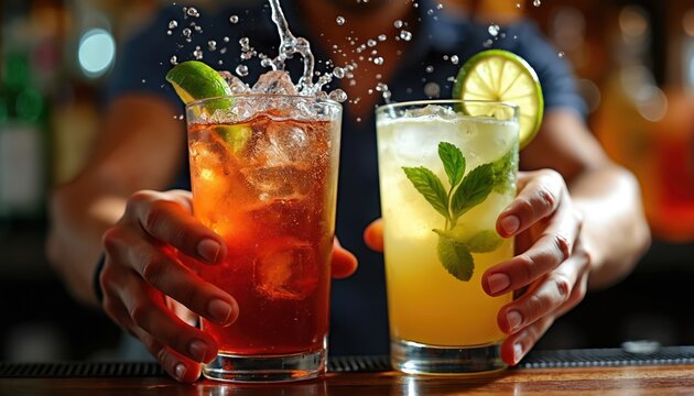 Man holds two fresh cocktails with ice lime and mint. Bartender serving cold long drinks in glasses with splash at bar counter. Summer mojito and alcoholic beverage for party at pub or restaurant.