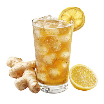 Refreshing Ginger Beer with Lemon Slice Ice Bubbles and Citrus Mint Garnish in Clear Glass, Isolated Studio Shot