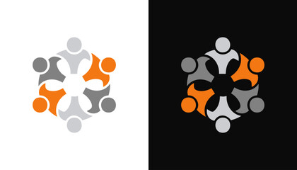 A logo design depicts six stylized human figures in a circular arrangement