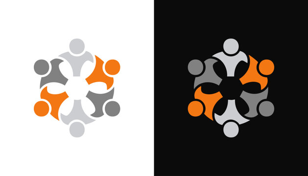 A logo design depicts six stylized human figures in a circular arrangement