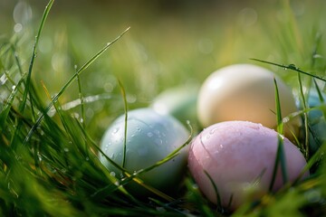 Pastel Easter eggs with dewdrops nestled in fresh grass at sunrise